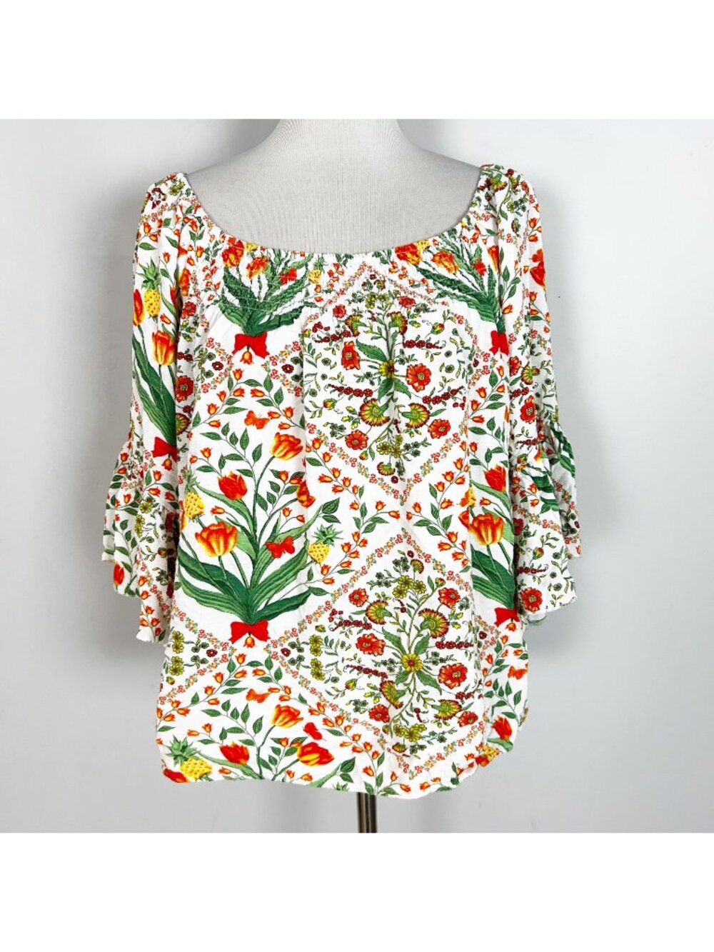 Women's Spring Summer Floral Cottage Soft Knit Top Bell Sleeve Flowy Size 18/20W